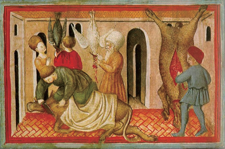 Abattage rituel dans une boucherie juive. Enluminure d'un manuscrit italien, 1435 © wikipedia commons