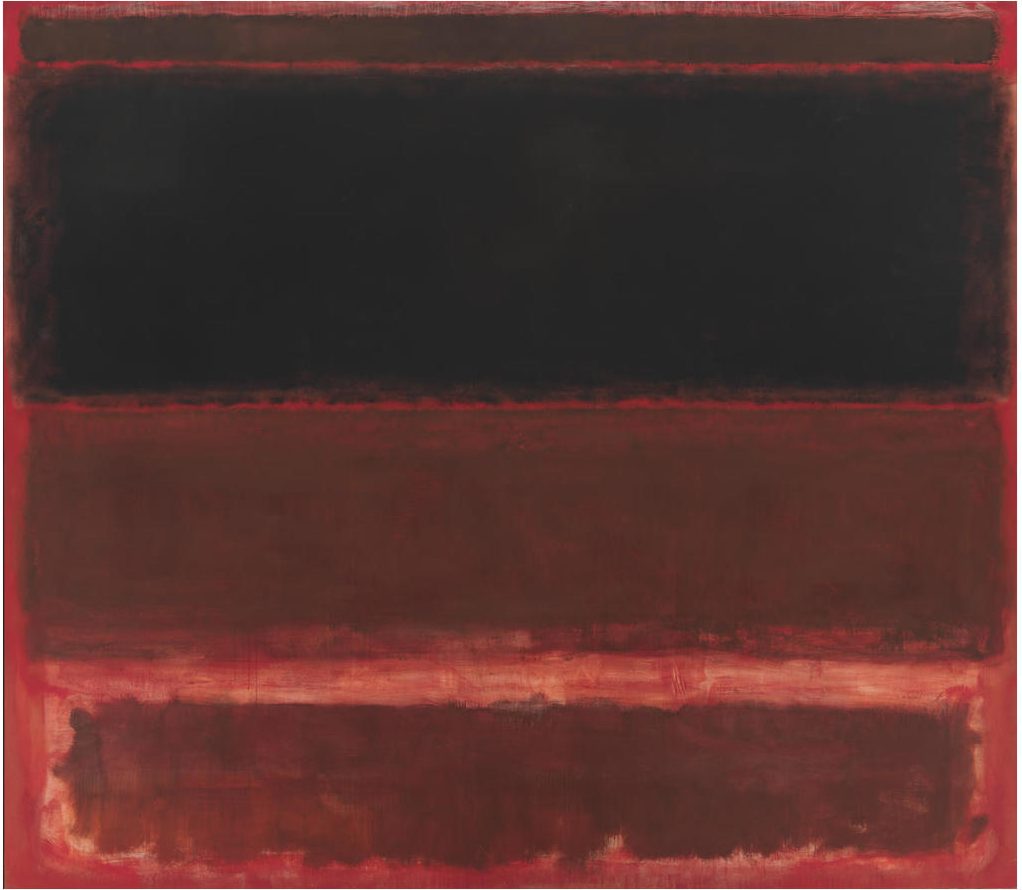 Peinture abstraite de Mark Rothko composée de larges bandes rectangulaires superposées dans des tons rouge sombre, brun et noir, aux contours diffus et vaporeux sur fond rouge profond.