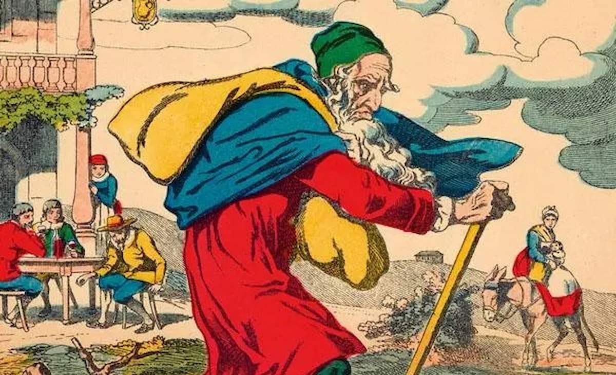Illustration colorisée représentant la figure légendaire du Juif errant, vieil homme barbu vêtu d’un manteau rouge et bleu, marchant avec un bâton dans un décor de village animé.