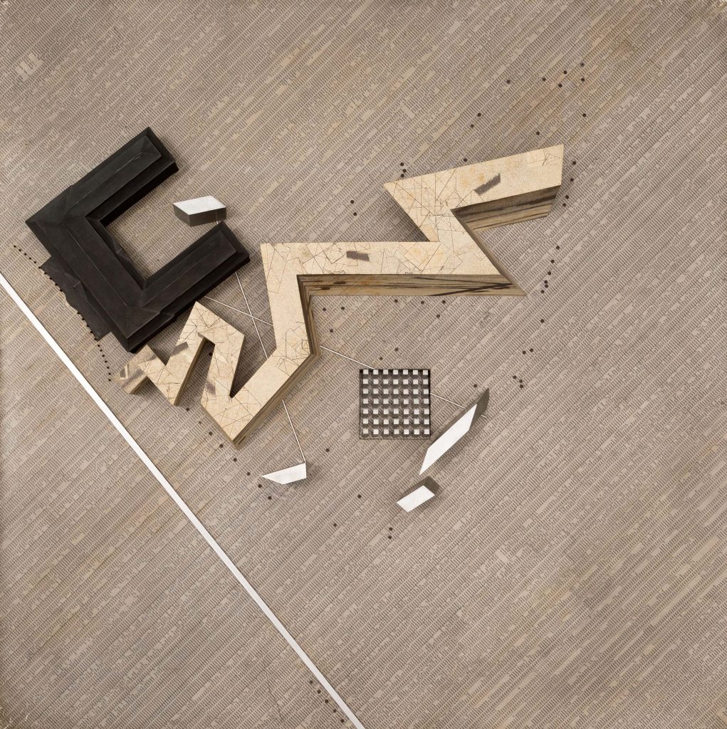 Daniel Libeskind,
Model for the new building of the Jewish Museum Berlin (“Names Model”), 1989–1991, wood-based material and cardboard covered with printed and grey-stained paper, painted wood, metal
19 x 121.6 x 118.3 cm (overall dimensions including extending bar)
Copyright: Jewish Museum Berlin, 2003/9/0, photo: Roman März