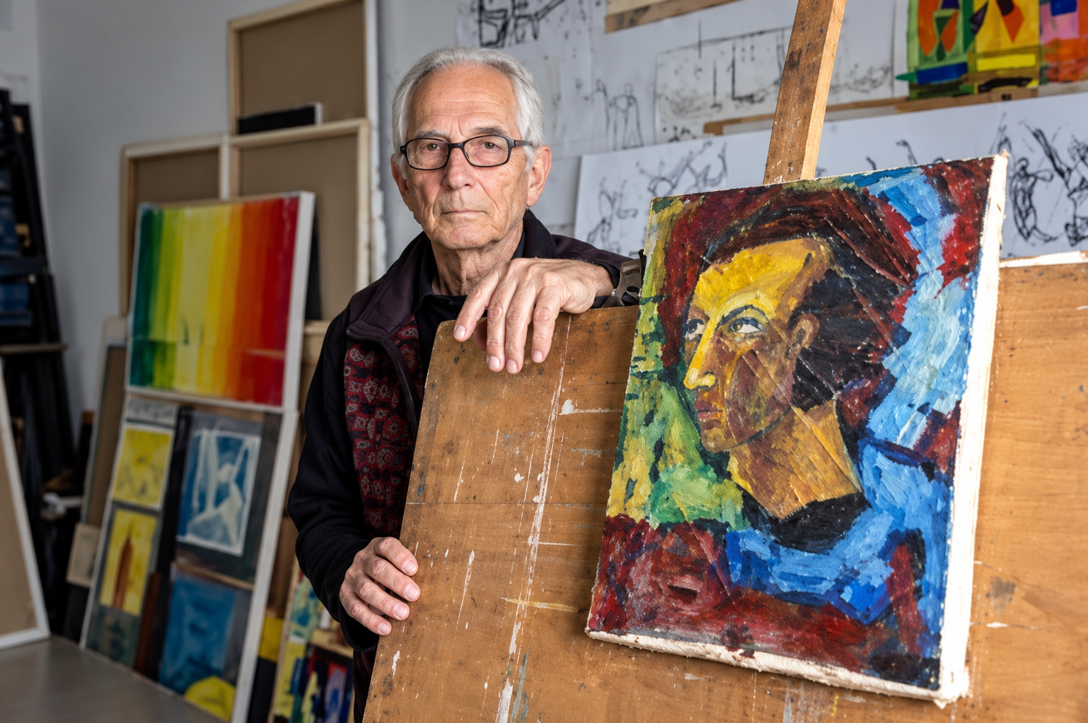 Michael Kovner dans son atelier, avec le portrait de son père qu’il réalisa à l’âge de 10 ans