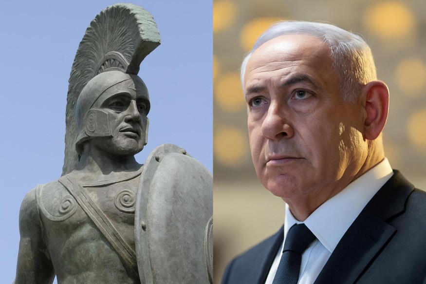 Estátua de Leônidas I de Esparta e Benjamin Netanyahu 
