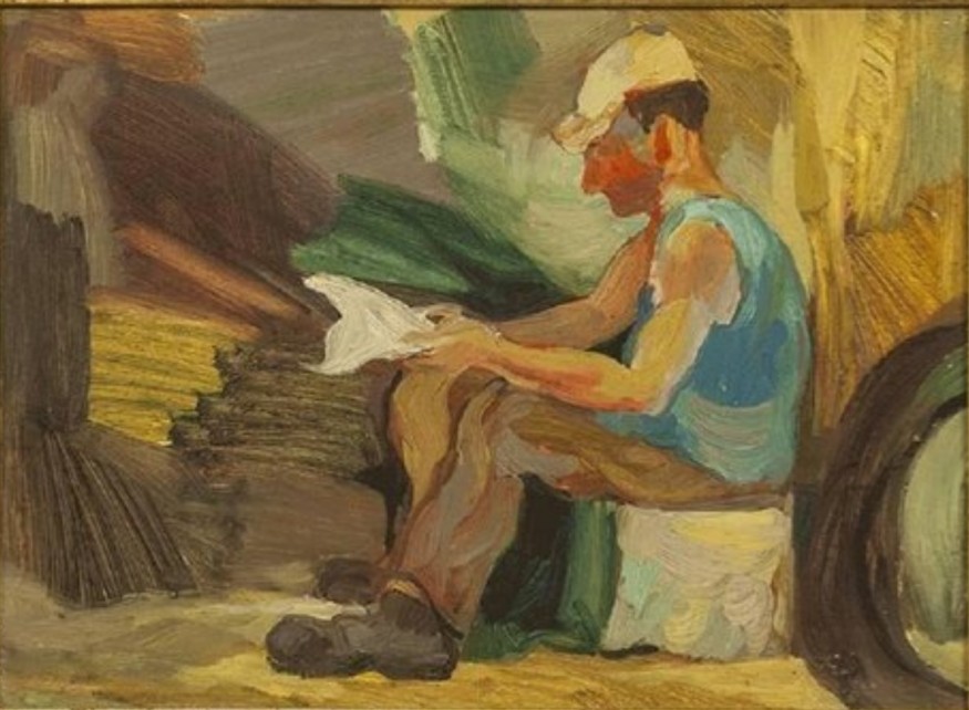 Vintage 1950s Israeli Oil Painting, Signed in Hebrew Kibbutz Worker Reading, Mid-20th Century